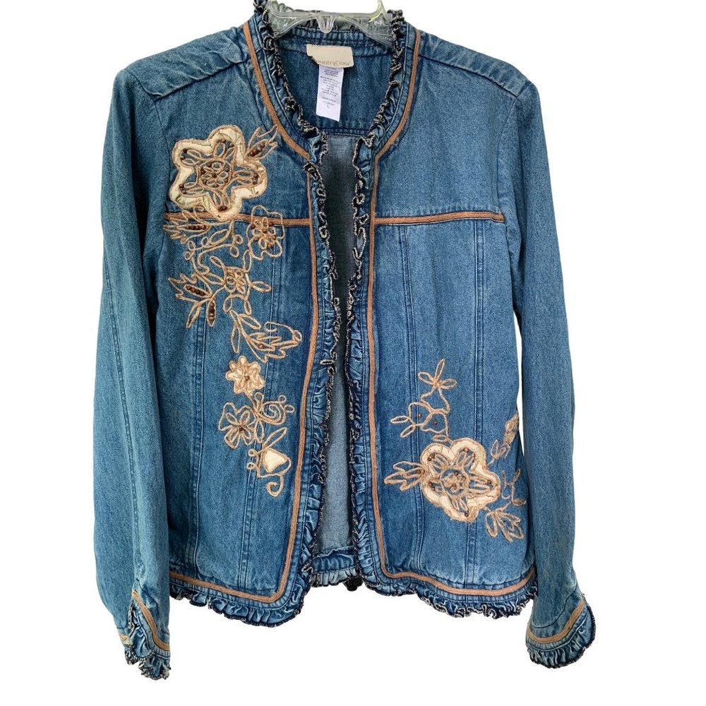 Womens Country Door Applique  Ruffle Edge Blue Denim Jacket SZ L